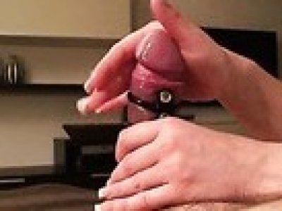 Penis harness handjob is teasing and slow