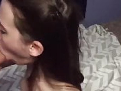 Teen blows big dick and gets the cumshot on her body