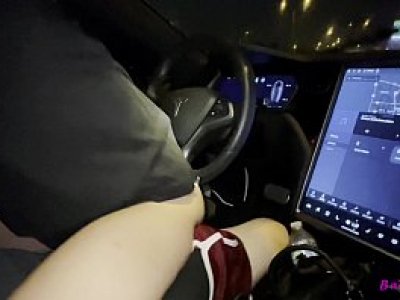 Sexy Cuty Petite Teen Bailey Base bangs tinder date in his Tesla while driving -