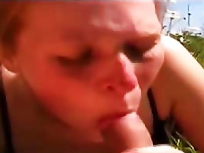 Sexy German lady is sucking her boyfriends dick outdoors and swollows him...
