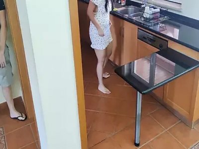 Chubby step mom is fucked while cleaning the dishes machine