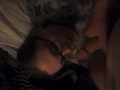 My gf getting cummed on after sucking off my boner