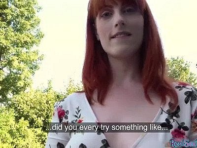 Pulled red head doggystyled outdoor after riding dick