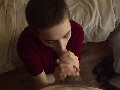 Short haired babysitter wants some extra cash and licks the head of that cock