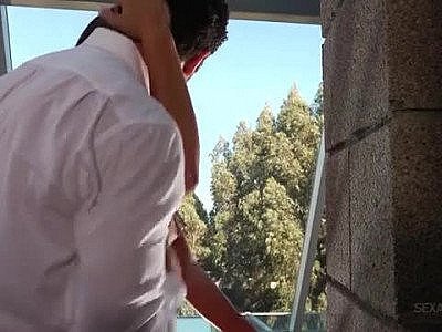 Slender woman in satin drives him wild with passion