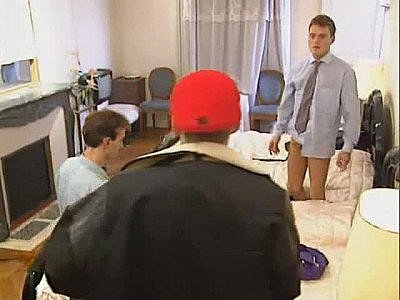 Three men screw a housewife in bed